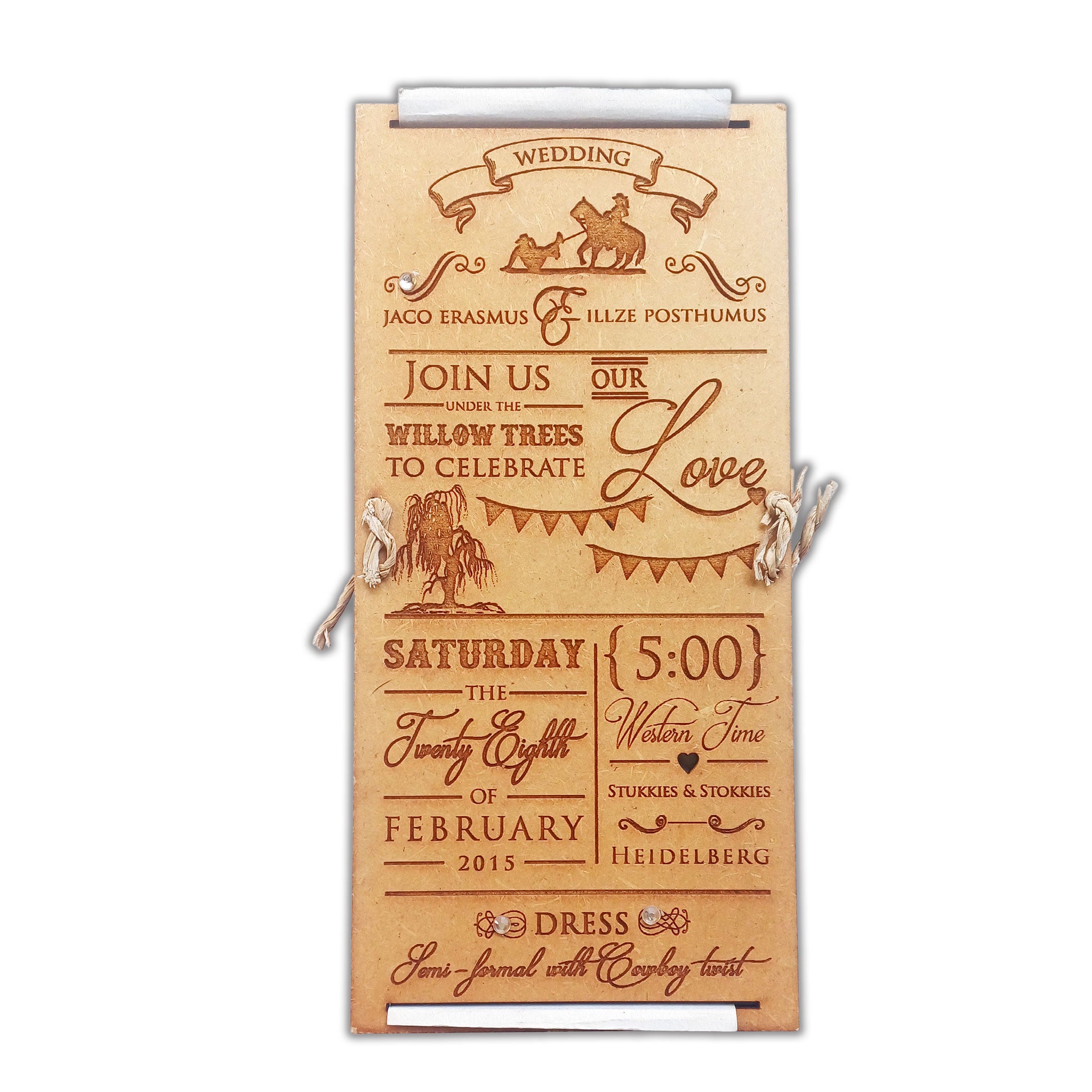 Forevermore Momentos laser-cut wedding invitation with cowboy theme and rustic design details