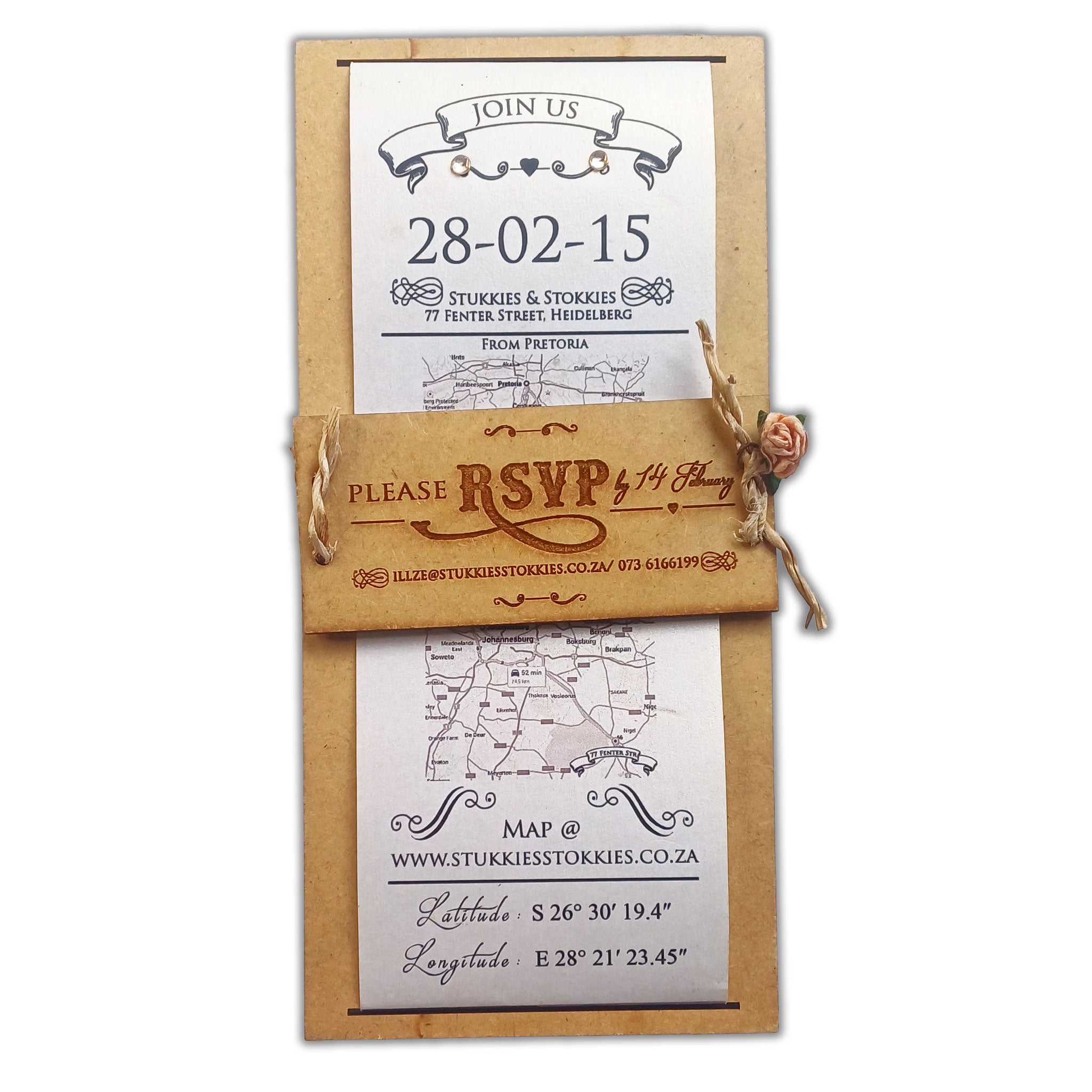 Forevermore Momentos laser-cut wedding invitation with vintage RSVP tag and map details