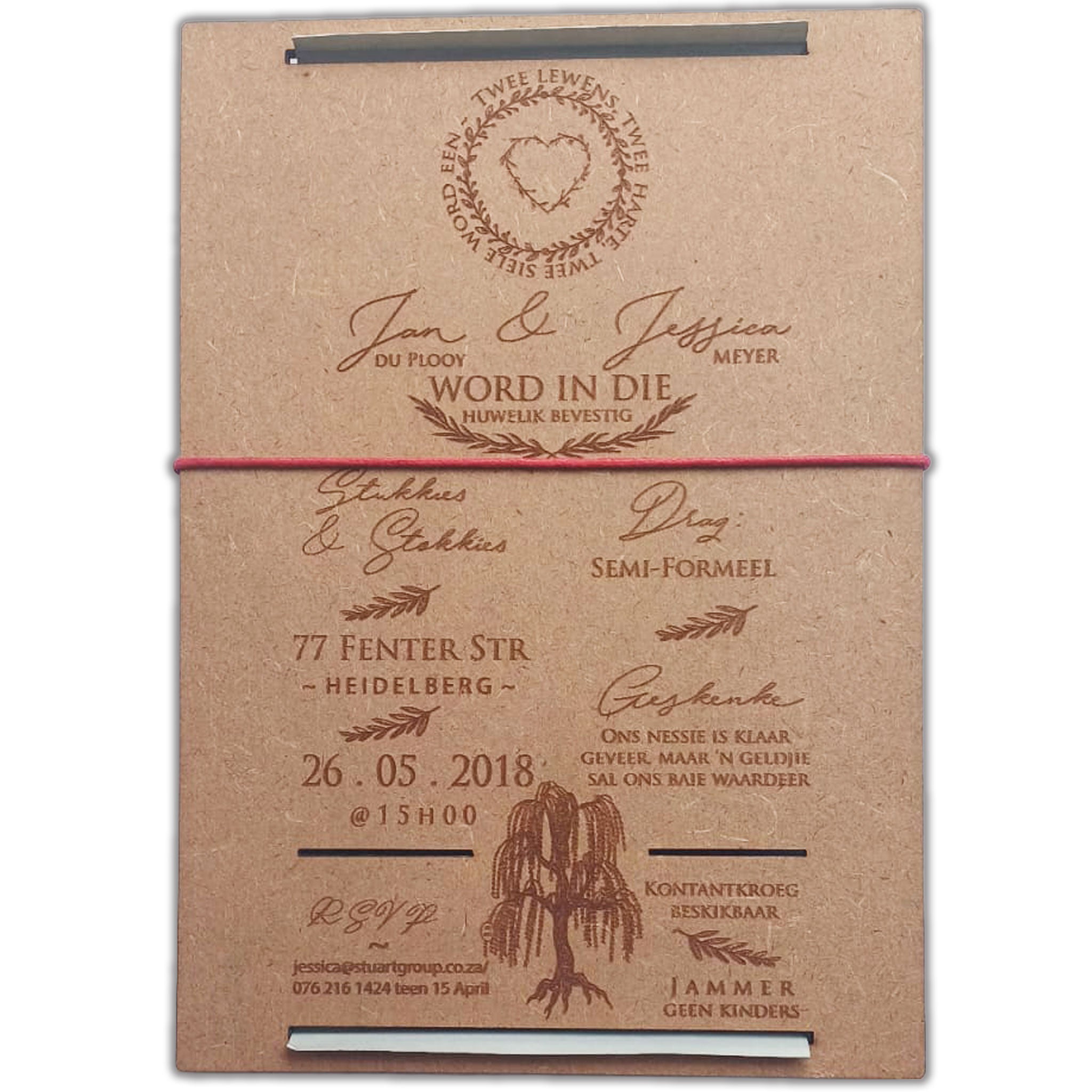 Laser cut willow tree wedding invitation in rustic brown with intricate nature-themed engraving