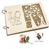 Rustic wood wedding guest book featuring a heart tree design and cutout lettering for memorable moments