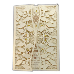 Elegant cream laser cut floral design timeless cardstock invitations with gold accents from Forevermore Momentos