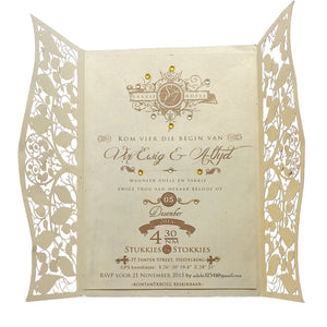 Elegant Forevermore Momentos timeless cardstock invitations with intricate floral cutout design and gold accents