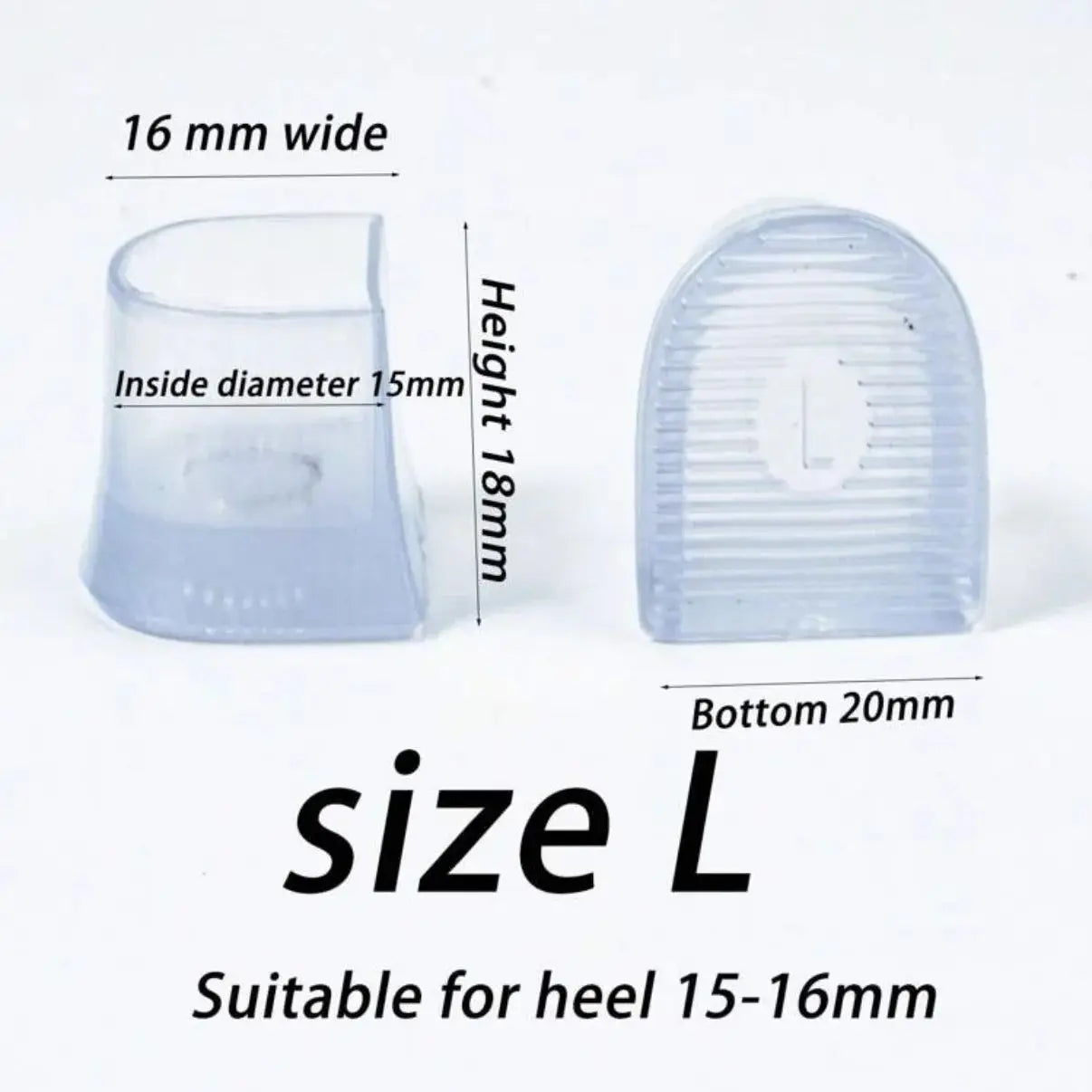 Size L transparent heel caps for weddings, fitting heels 15-16mm with precise dimensions for secure use