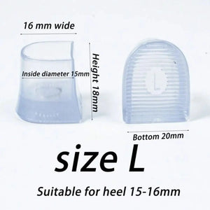 Size L transparent heel caps for weddings, fitting heels 15-16mm with precise dimensions for secure use