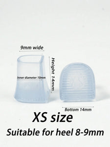 Transparent heel caps for weddings in XS size, designed for heels 8-9mm wide, providing stability and protection