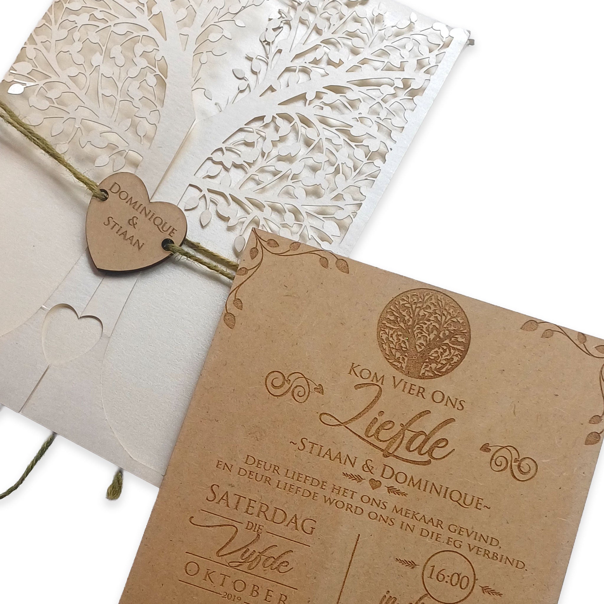 Elegant tree design wedding invites with intricate cutout tree patterns and rustic brown details
