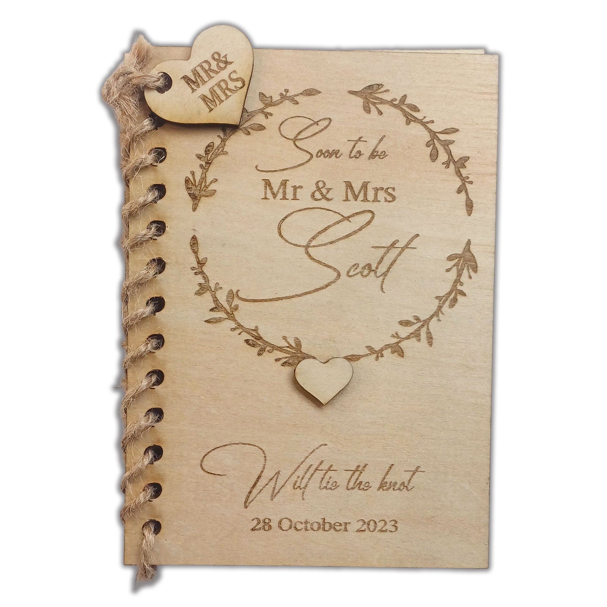 Unique book-style wedding invitations by Forevermore Momentos with rustic wooden cover and heart details