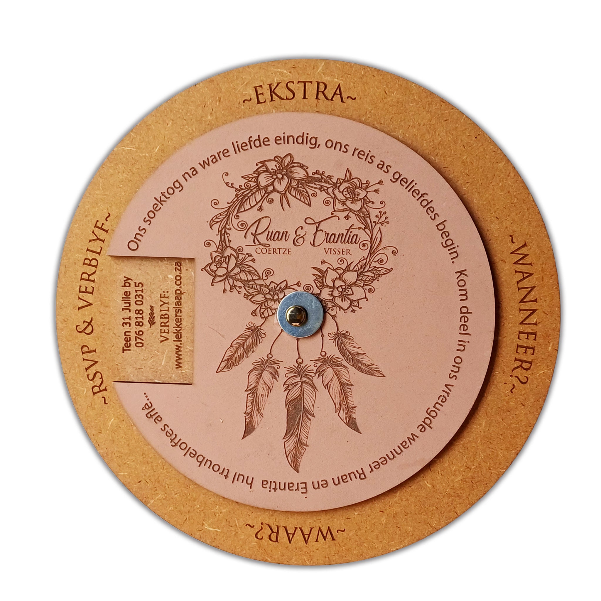 Forevermore Momentos unique rotatable wedding invitation with floral dreamcatcher design and RSVP details