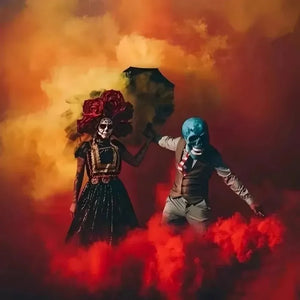 Colorful wedding party smoke bomb props in a dramatic scene with couple in costumes