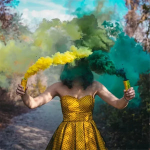 Colorful Forevermore Momentos wedding party smoke bomb props in yellow and green for unique photography