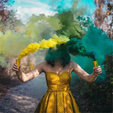 Colorful Forevermore Momentos wedding party smoke bomb props in yellow and green for unique photography