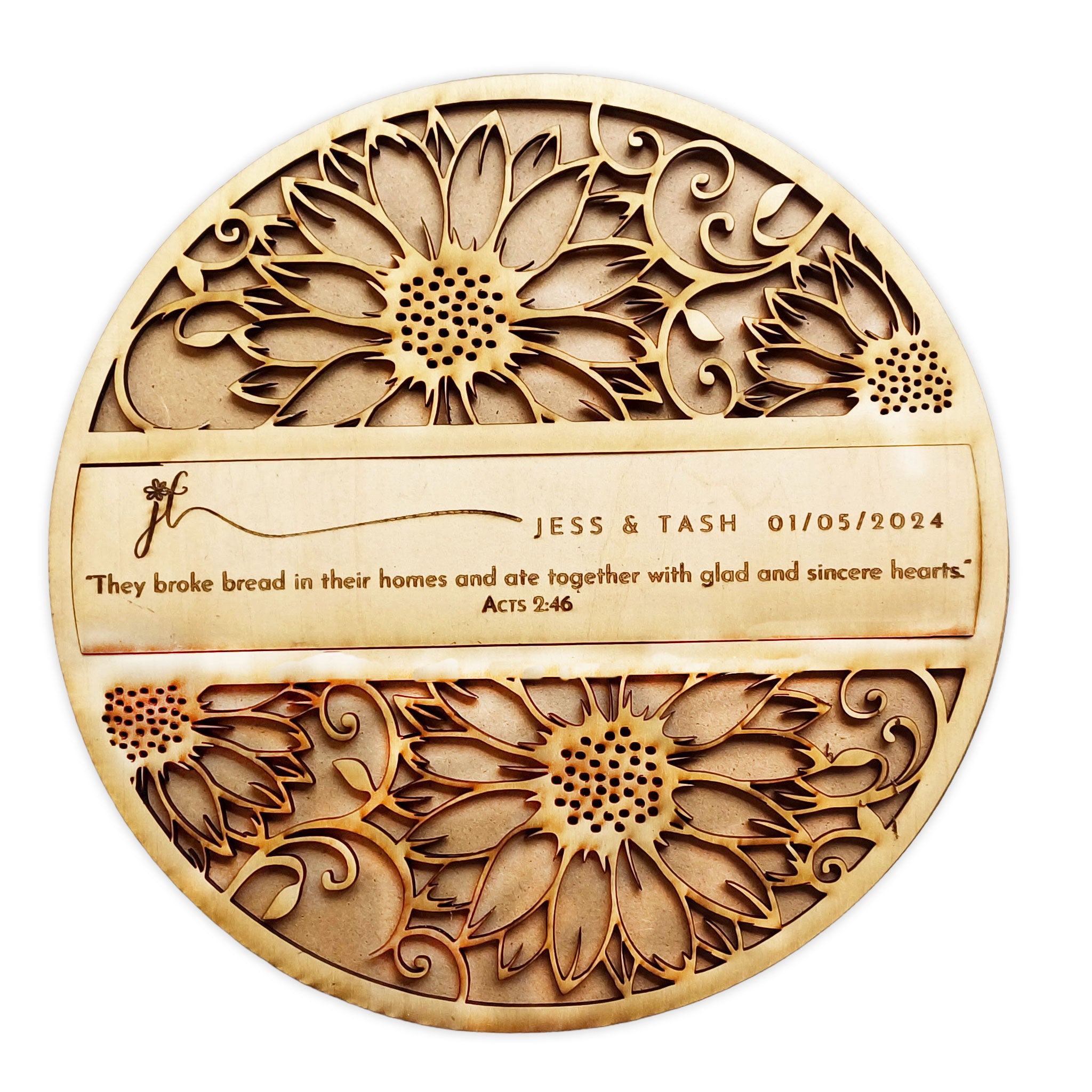 Custom engraved wooden wedding sunflower underplate with sunflower design and personalized text