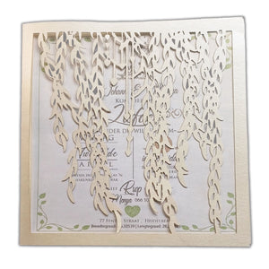 Elegant wedding card featuring a delicate willow leaf invitation design with intricate laser-cut details