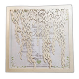 Elegant wedding card featuring a delicate willow leaf invitation design with intricate laser-cut details