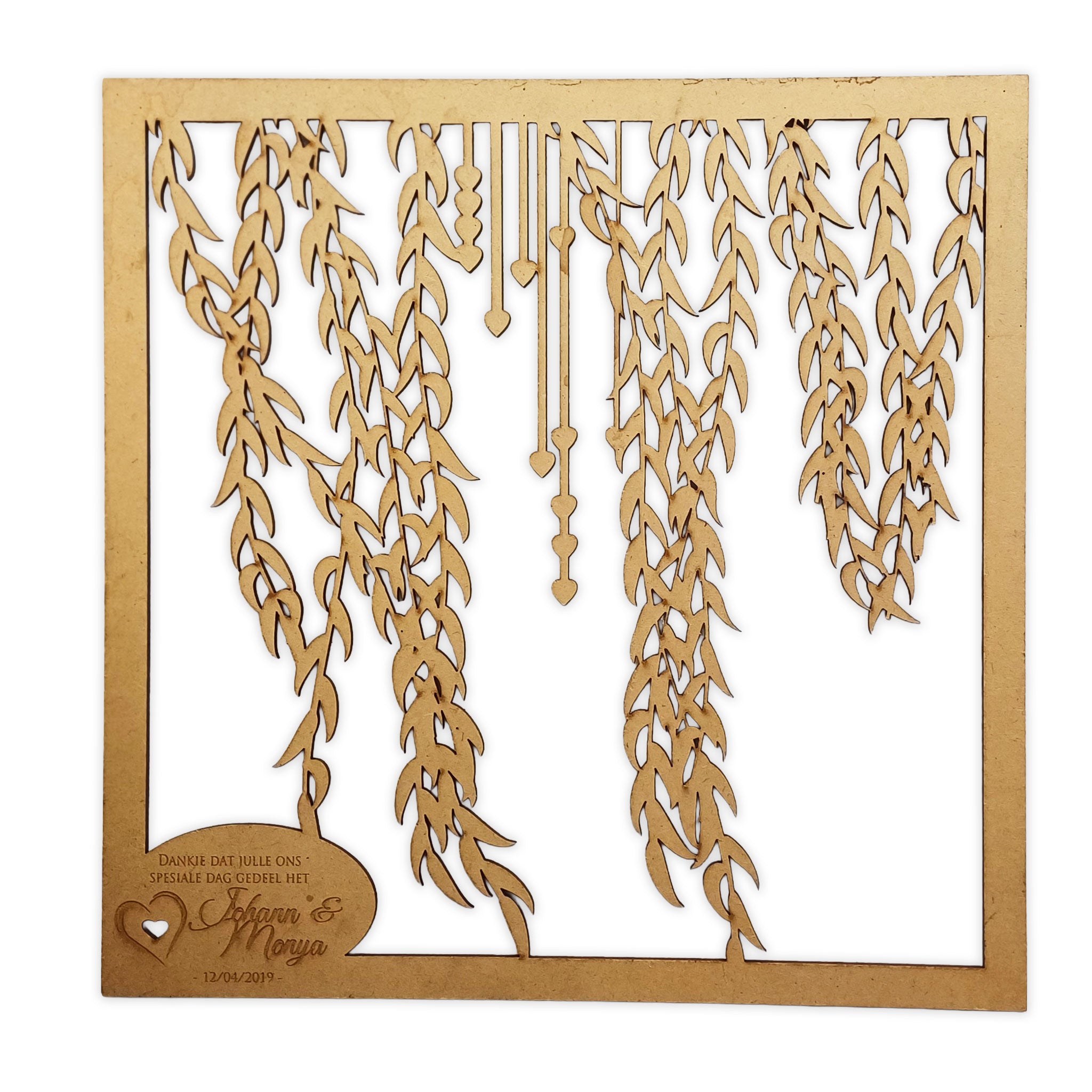 Laser-cut wooden willow wedding underplate with hanging leaf design and personalized inscription
