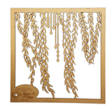 Laser-cut wooden willow wedding underplate with hanging leaf design and personalized inscription