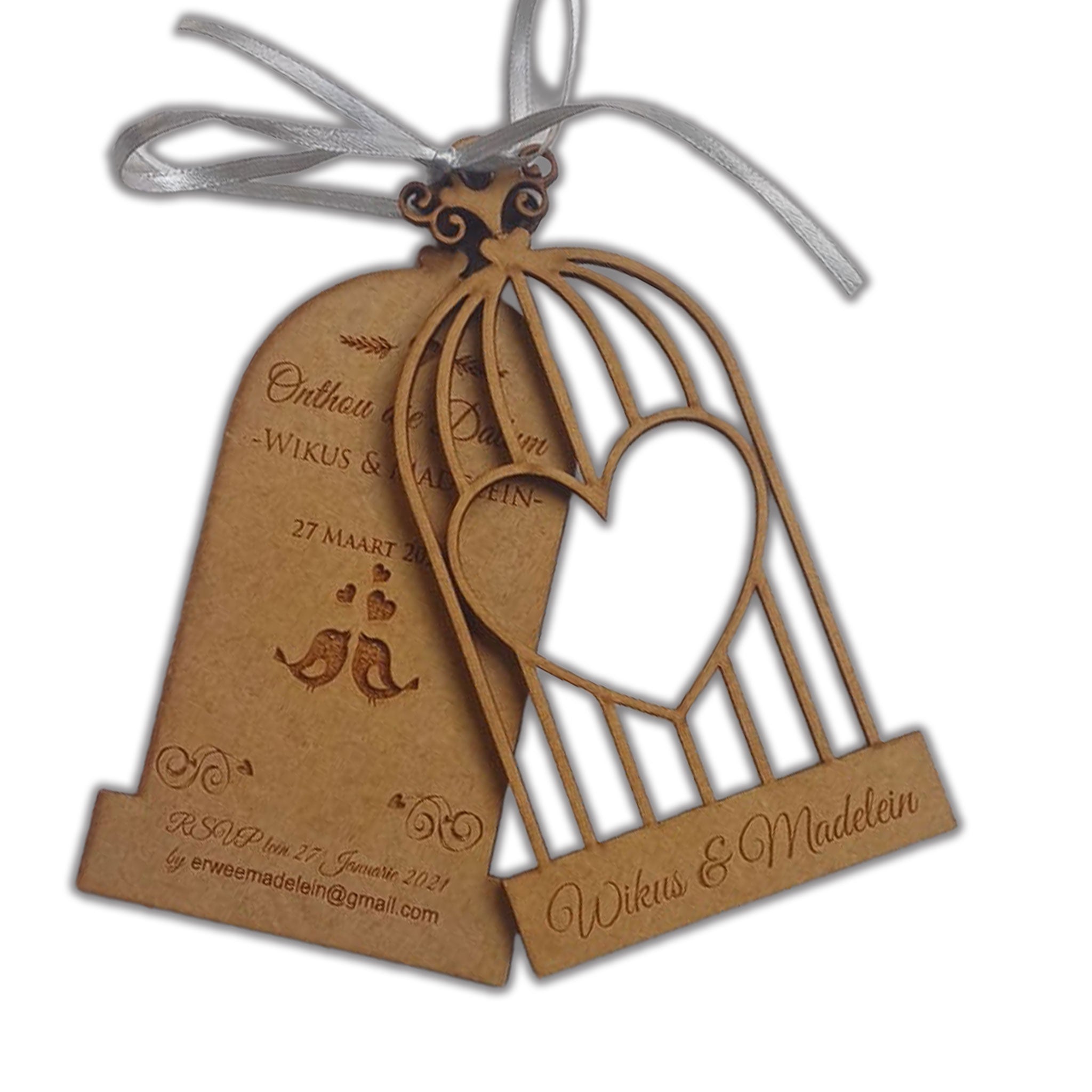 Elegant wooden birdcage wedding save the date tag with heart design and personalized names