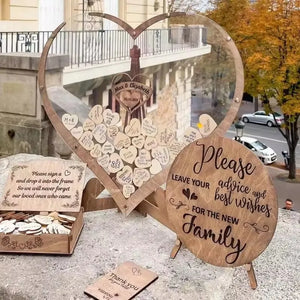 Wooden heart wedding guest book with engraved wishes and photo frame for guest signatures