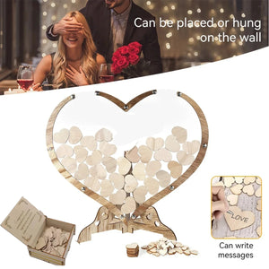 Beautiful wooden heart wedding guest book with space for guests to write messages and place heart-shaped pieces