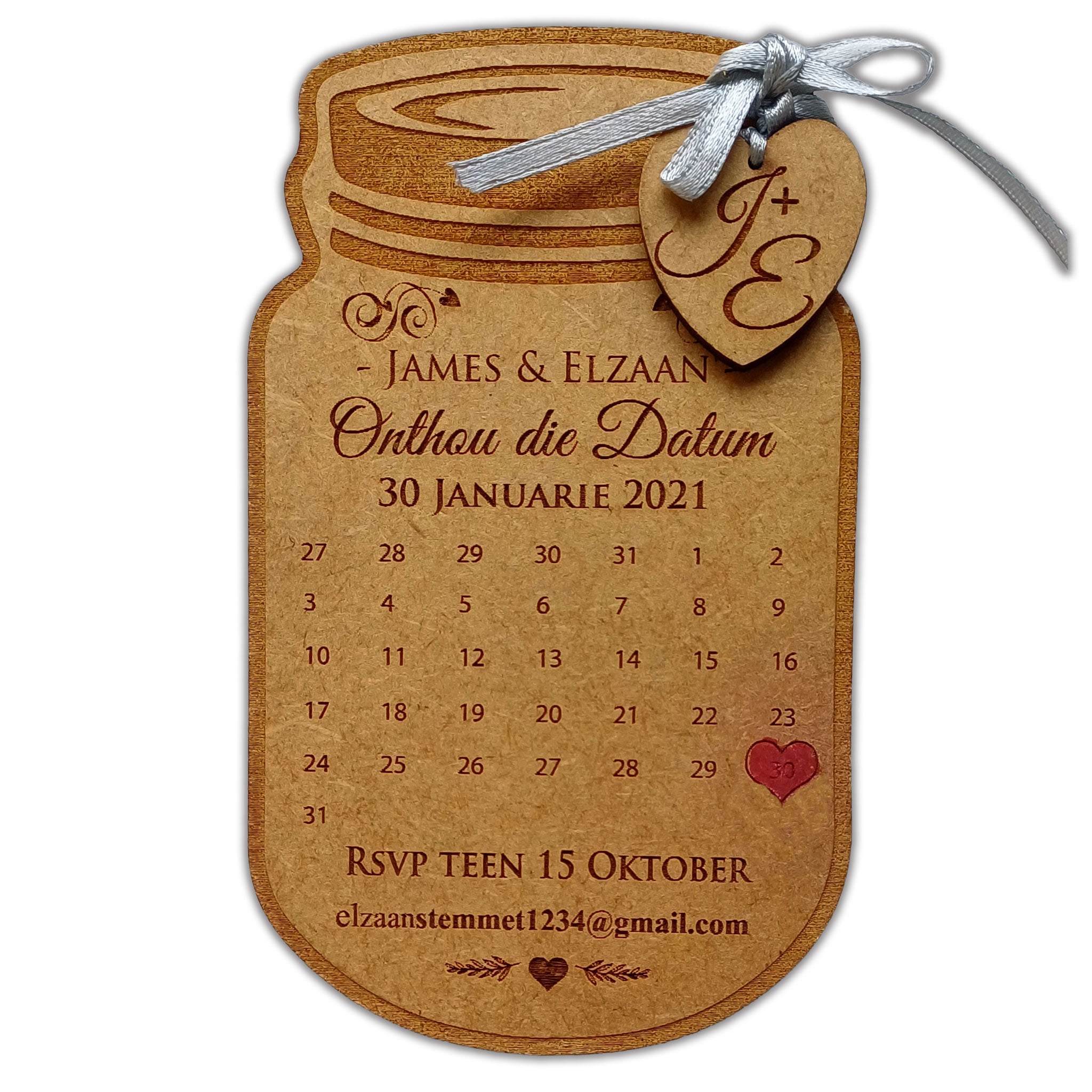 Wooden save the date cards shaped like a jar with personalized names and event date engraved