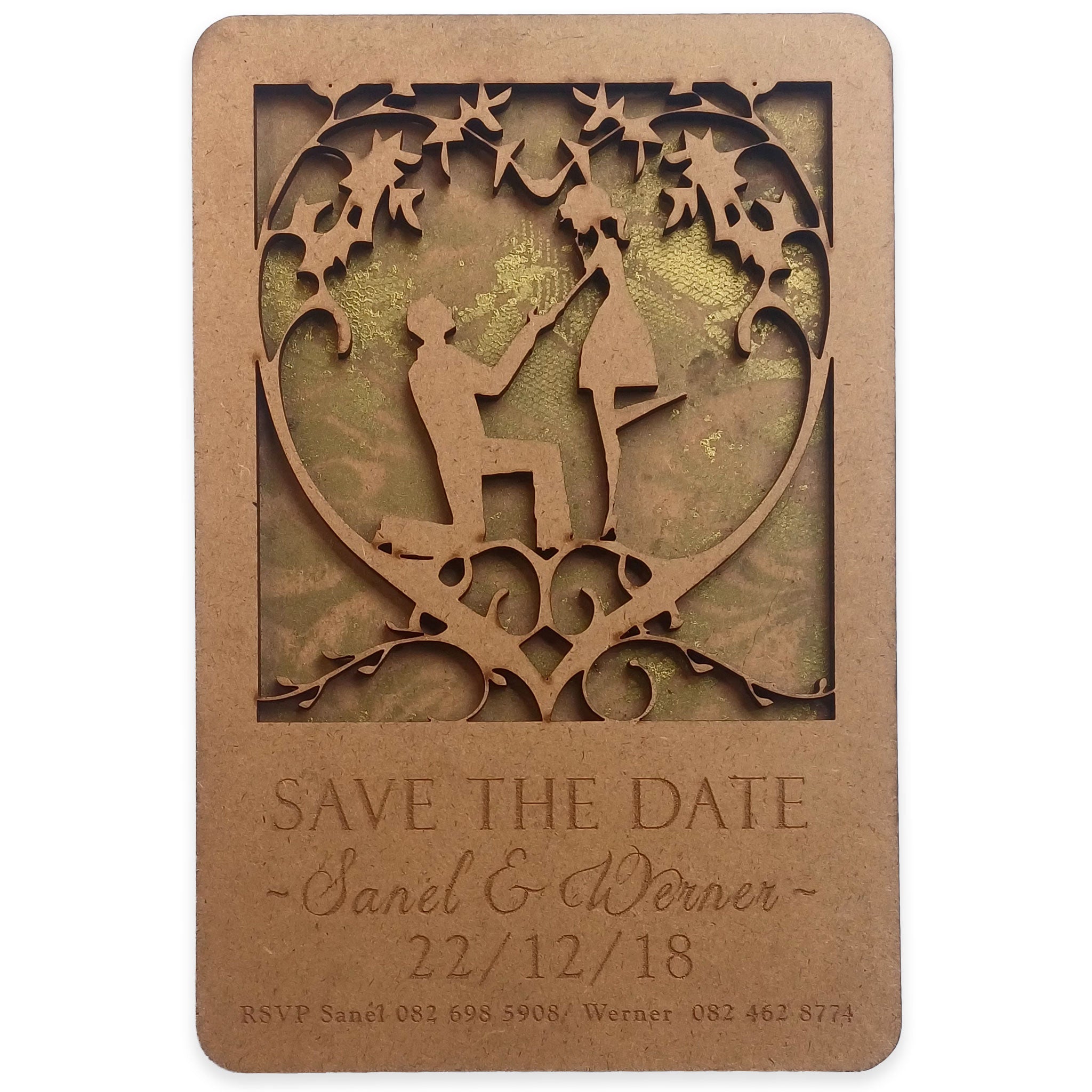 Elegant wooden save the date magnet featuring a couple silhouette and engraved wedding details