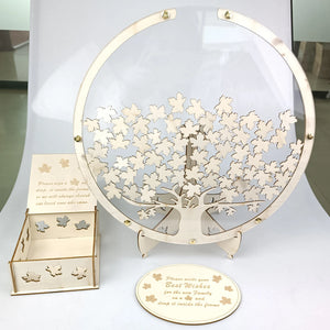Wooden tree guest book alternative from Forevermore Momentos with decorative leaves for wedding signatures