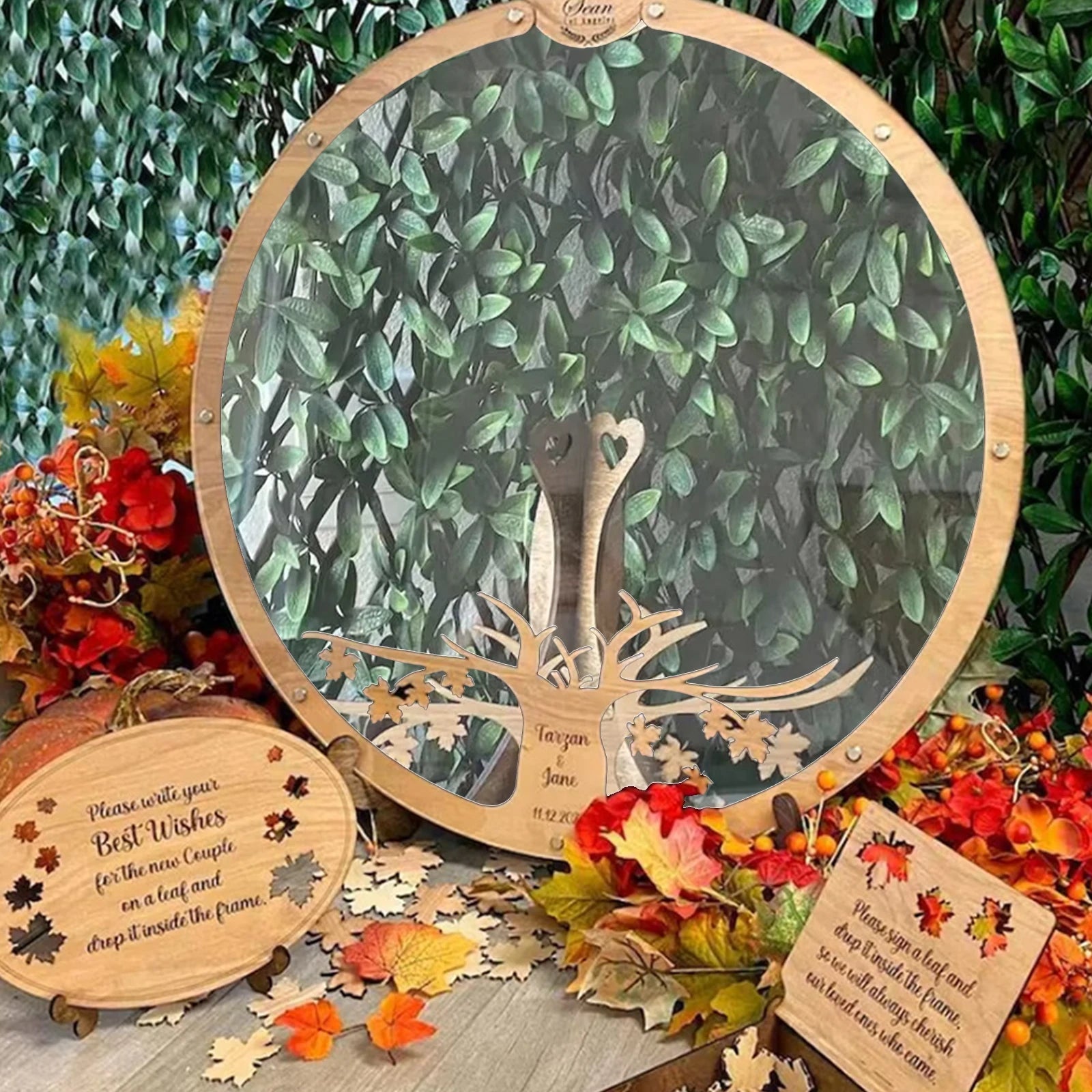 Forevermore Momentos wooden tree guest book alternative with heart-shaped tree and autumn leaves