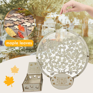 Wooden tree guest book alternative with maple leaves for collecting guest signatures at events